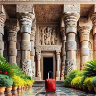 Фотография парадного входа в старинный зороастрийский храм, окруженного зеленью и отделанного резьбой по камню, с красным туристическим чемоданом на колесиках, стоящим у входа на фоне величественных колонн