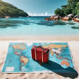 Карта мира с красным туристическим чемоданом на пляже Сейшел