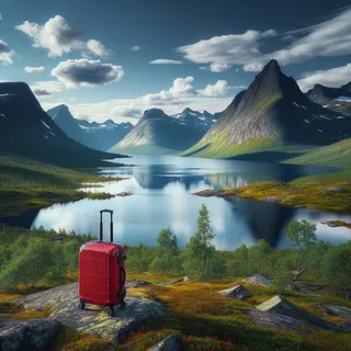 Пейзаж с озерами и горами в северной части Швеции, где стоит красный чемодан на колесиках у подножия живописной горы