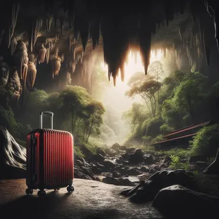 Кинематографическое изображение пещерного входа с красным туристическим чемоданом на колесиках рядом, окруженного густым лесом и сталактитами