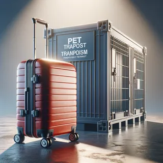 Создайте изображение в стиле максимального гиперреализма, с акцентом на детальность и четкость. На картинке должен быть красный туристический чемодан на колесиках, стоящий рядом с контейнером для перевозки домашних животных, без людей.