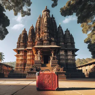 Исторический храм Trayambakeshwar в Индии, красный туристический чемодан у основания