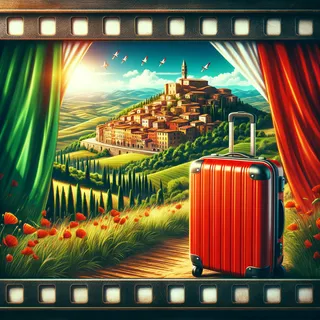 Флаг Италии с красным туристическим чемоданом на фоне живописного итальянского пейзажа, реалистичный кинематографический стиль
