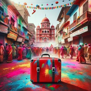 Фотография с красным чемоданом на красочной улице Индии во время фестиваля Холи