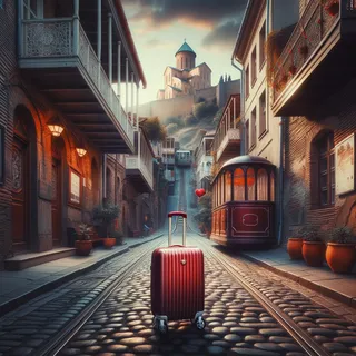 Романтические улочки Старого Тбилиси с красным туристическим чемоданом на колесиках на переднем плане. На заднем плане фуникулёр и крепость Нарикала. Кинематографический стиль, реалистичное освещение.