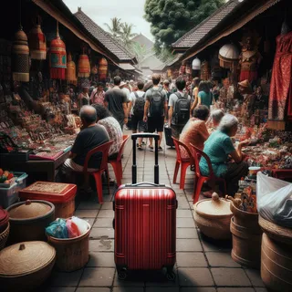 Традиционные балийские рынки с изобилием сувениров и красный чемодан на колесиках