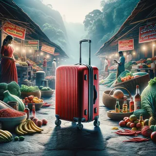 Изображение (не иллюстрация) только в очень реалистичном кинематографическом стиле. На изображении должен присутстовать красный туристический чемодан на колесиках. На изображении не должно быть людей.. Тема изображения: Доставка продуктов и алкоголя на юге Шри-Ланки с оплатой по факту.