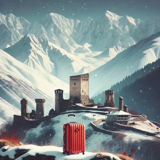 Горный пейзаж Сванетии с красным туристическим чемоданом на фоне заснеженных вершин и древних башен