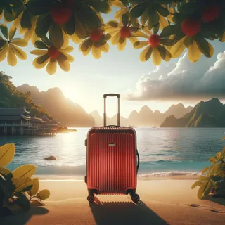 Изображение (не иллюстрация) только в очень реалистичном кинематографическом стиле. На изображении должен присутстовать красный туристический чемодан на колесиках. На изображении не должно быть людей.. Тема изображения: Остров Хайнань, Китай.