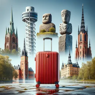 Изображение (не иллюстрация) только в очень реалистичном кинематографическом стиле. На изображении должен присутстовать красный туристический чемодан на колесиках. На изображении не должно быть людей.. Тема изображения: 5 главных достопримечательностей Швеции — что посмотреть, куда отправиться в путешествие.