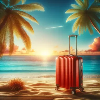 Красный туристический чемодан на колесиках на фоне тропической пляжной линии с пальмами и голубым океаном, при закате