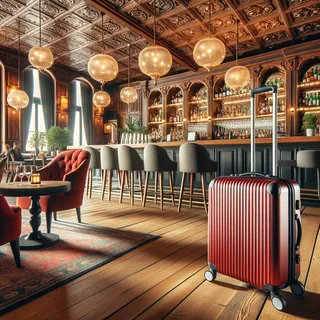 Элегантный бар внутри роскошного отеля с стильными деревянными уютными интерьерами, на переднем плане красный туристический чемодан на колесиках