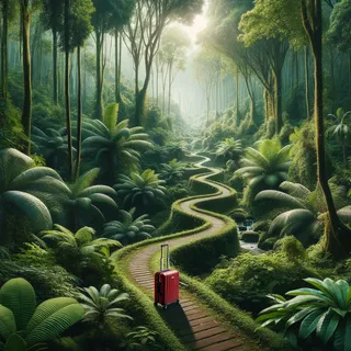 Очень реалистичное изображение густого тропического леса в заповеднике с извилистыми тропинками, красный туристический чемодан на колесиках среди зелени в кинематографическом стиле