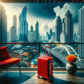 Красочный вид на небоскребы Бангкока с красным туристическим чемоданом на колесиках на балконе стильного отеля