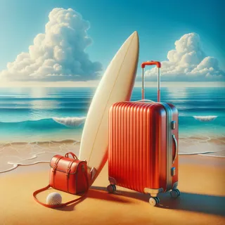 Изображение на пляже с красным чемоданом на песке, рядом с ним океан и серфинговая доска
