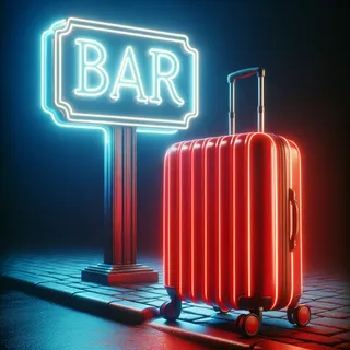 красный туристический чемодан на колесиках на фоне неоновой вывески бара в ночное время, реалистичный кинематографический стиль