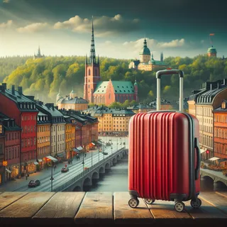 Красный туристический чемодан на колесиках стоит на фоне типичного шведского городского пейзажа, окруженного зелеными холмами и старинными зданиями, в кинематографическом стиле