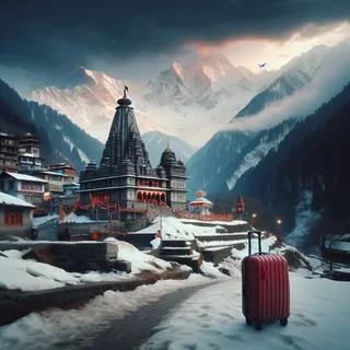 Кинематографический вид величественного храма Сурканда Деви на фоне заснеженных пиков Гималаев и красный туристический чемодан на колесиках у подножия