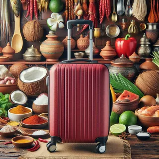 Реалистичная фотография красного туристического чемодана на колесиках на фоне традиционной индийской кухни с разнообразными специями, кокосами и морепродуктами