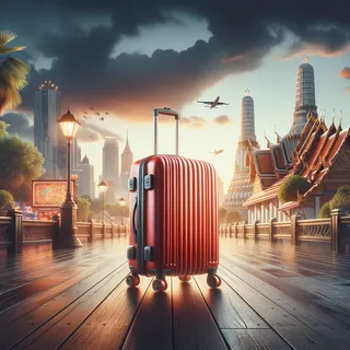 Изображение (не иллюстрация) только в очень реалистичном кинематографическом стиле. На изображении должен присутстовать красный туристический чемодан на колесиках. На изображении не должно быть людей.. Тема изображения: Отдых в Бангкоке — полное руководство для туристов, что нужно знать перед поездкой.