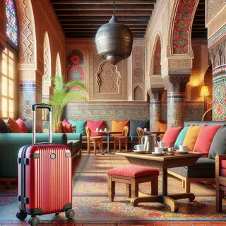 Реалистичное изображение уютного кафе в Марокко, с красочным восточным интерьером, на столе видны ароматы свежесваренного кофе, красный чемодан на колесиках стоит рядом