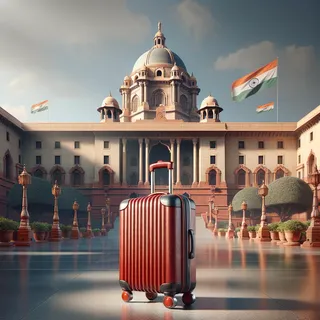 Величественный красный туристический чемодан на колесиках стоит на фоне архитектурных элементов президентского дворца Раштрапати-Бхаван в Нью-Дели, Индия, в очень реалистичном кинематографическом стиле