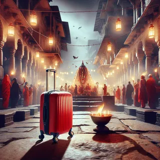 Изображение (не иллюстрация) только в очень реалистичном кинематографическом стиле. На изображении должен присутстовать красный туристический чемодан на колесиках. На изображении не должно быть людей.. Тема изображения: Церемония Аарти в Ришикеше: Волшебство и традиции