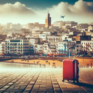 Городская панорама Рабата с видом на исторические здания и современную архитектуру, красный туристический чемодан на колесиках стоит на мощеной улице, кинематографический стиль, яркие цвета