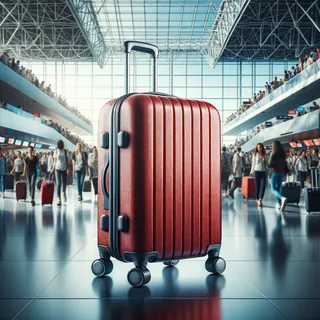 Реалистичное изображение красного туристического чемодана на колесиках на фоне оживленного аэропорта