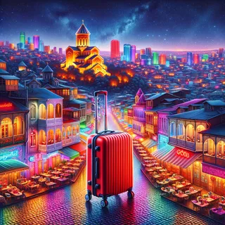 Очень реалистичное вечернее городское пространство в Тбилиси с красочным фоном, красивой ночной застройкой баров и красным туристическим чемоданом на колесиках на среднем плане