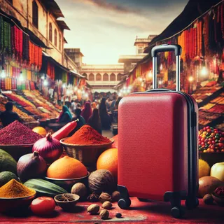 Кинематографическое изображение красного туристического чемодана на колесиках на фоне индийского рынка с яркими специями и экзотическими фруктами