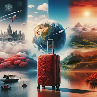 Изображение (не иллюстрация) только в очень реалистичном кинематографическом стиле. На изображении должен присутстовать красный туристический чемодан на колесиках. На изображении не должно быть людей.. Тема изображения: Климат Индонезии: Типы, Сезоны и Температуры