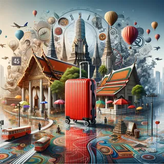 Изображение (не иллюстрация) только в очень реалистичном кинематографическом стиле. На изображении должен присутстовать красный туристический чемодан на колесиках. На изображении не должно быть людей.. Тема изображения: История Бангкока — важные исторические события, культурное наследие, ключевые даты