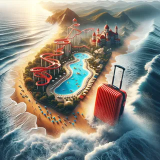 Потрясающий прибрежный пейзаж с аквапарками и красным туристическим чемоданом на колесиках