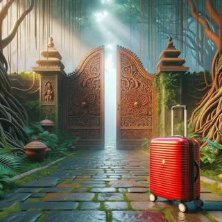 Гиперреалистичное изображение красного туристического чемодана на колесиках у входа в ашрам, окруженного тропической растительностью и ветвями деревьев, подтянутого к массивным деревянным воротам с резными орнаментами. Впереди виден путь, выложенный камнем, ведущий внутрь территории ашрама. Легкая дымка и солнечные лучи, пробивающиеся сквозь листву, добавляют волшебную атмосферу.