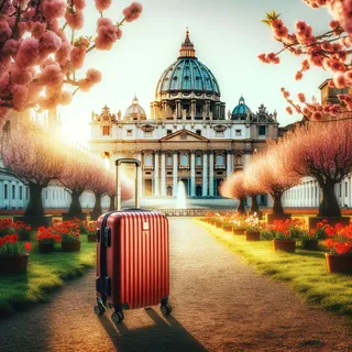 Красный туристический чемодан на колесиках стоит на фоне величественного собора Святого Петра, окутанного мягкими солнечными лучами и окруженного цветущими садами, наполняя атмосферу духом путешествий и открытий