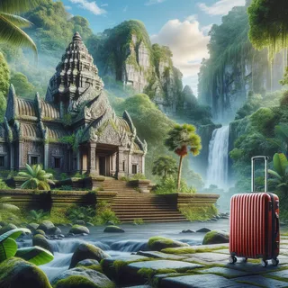 Реалистичное изображение красивого каменного храма с красным туристическим чемоданом на колесиках на переднем плане, окруженного густой зеленью и водопадом в джунглях