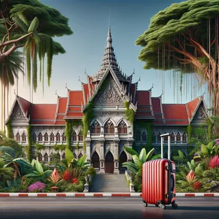 Реалистичное изображение: красный туристический чемодан на колесиках среди экзотической природы Таиланда, на фоне строгого здания суда с традиционной архитектурой и тропическими деревьями
