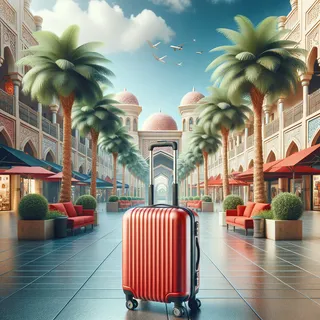 реалистичное изображение красного туристического чемодана на колесиках на фоне экзотического торгового центра с пальмами