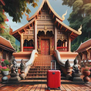 Чиангмайский храм с красным туристическим чемоданом на ступеньках