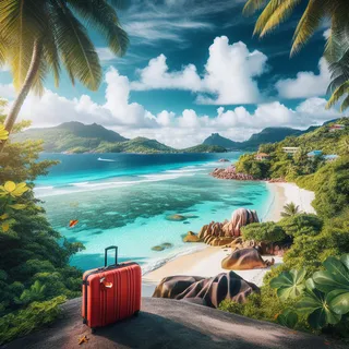 Великолепные пляжи и ландшафты Сейшельских островов с красным туристическим чемоданом