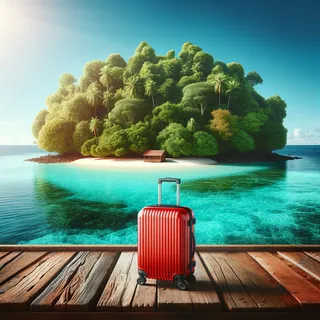 Реалистичное изображение острова с красным туристическим чемоданом на колесиках на переднем плане, окруженного пышной природой и кристально чистой водой