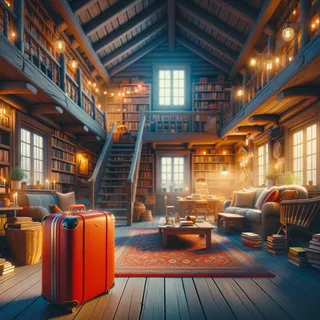 Дом уютной шведской библиотеки вечером, наполненной учебными материалами и источниками изучения, среди которых выделяется яркий красный чемодан