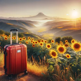 Красный туристический чемодан на колесах стоит на фоне подсолнухов на живописном грузинском холме