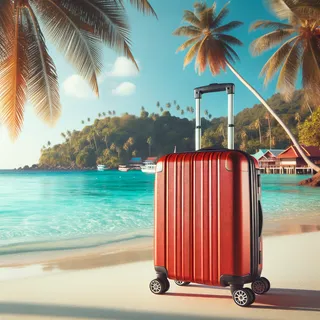 Красный туристический чемодан на колесах, стоящий на пляже с пальмами и бирюзовой водой на заднем плане