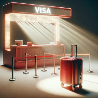 Кинематографический стиль, пустая визовая стойка, рядом красный туристический чемодан на колесиках, много света