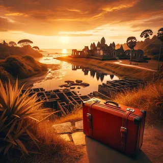Красный чемодан возле древнего поселения на фоне заката, прибрежные воды, тропическая растительность, кинематографический стиль