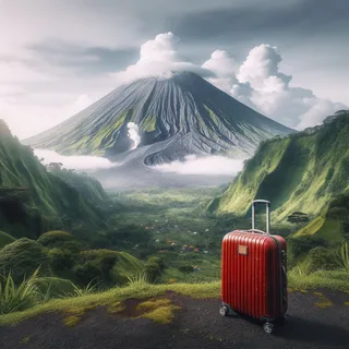 Впечатляющий пейзаж с красным туристическим чемоданом на фоне величественного вулкана Бали