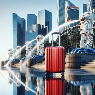 Красный туристический чемодан на колесиках стоит на фоне колонны из мерлионов в Сингапуре, отражая чистую воду и архитектурные шедевры города в максимальном гиперреализме, с акцентом на детальность и четкость, без людей