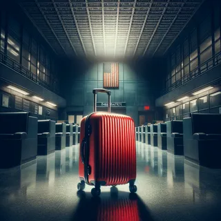 Красный туристический чемодан на колесиках стоит на фоне мрачного офиса службы иммиграции, освещенный приглушенным светом, темные стены и строгий интерьер подчеркивают атмосферу ожидания и неопределенности